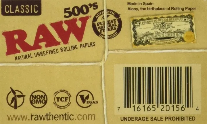 RAW 500's Classic Natural Unrefined Rolling Paper 1 1/4 79mm Size